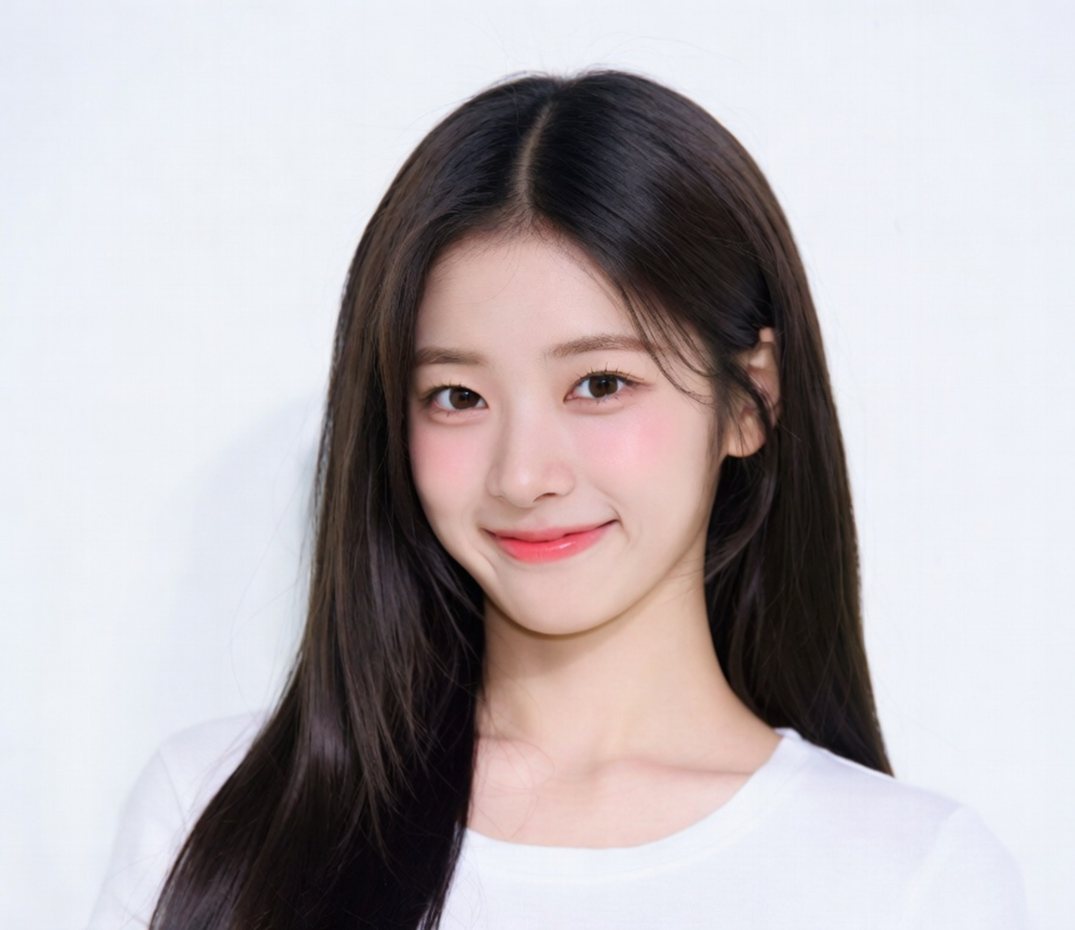 흰 티셔츠의 긴 생머리 모델(밝은 회청색 배경)
