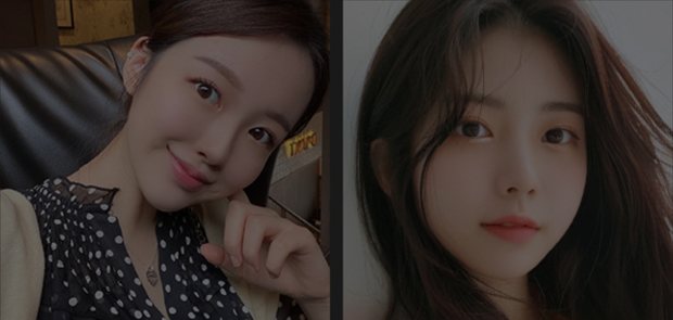 셀카 사진 2장(배경 격자 오른쪽 위 2칸, 어둡게 처리)