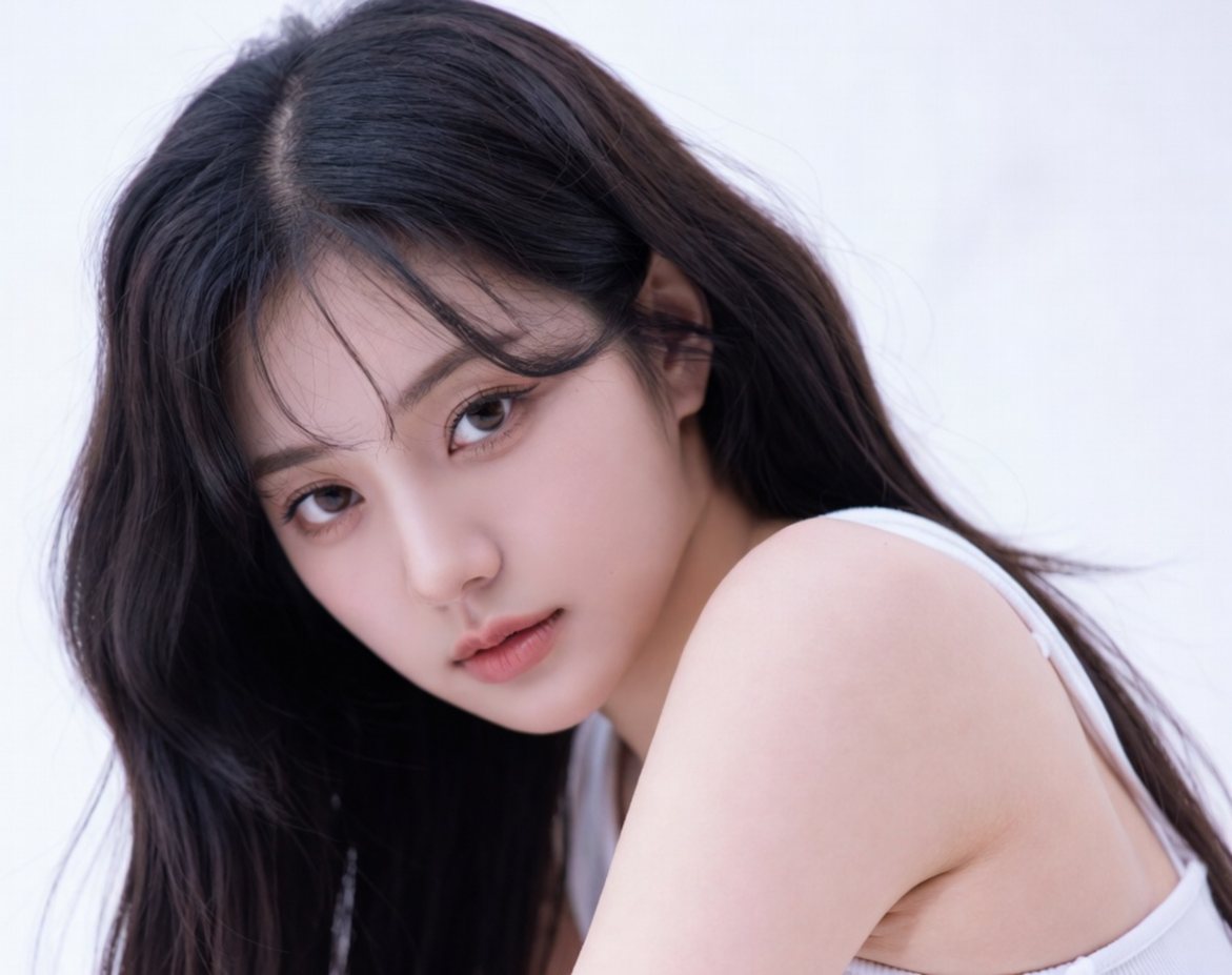 턱을 괸 긴 웨이브 머리 모델(흰 배경)