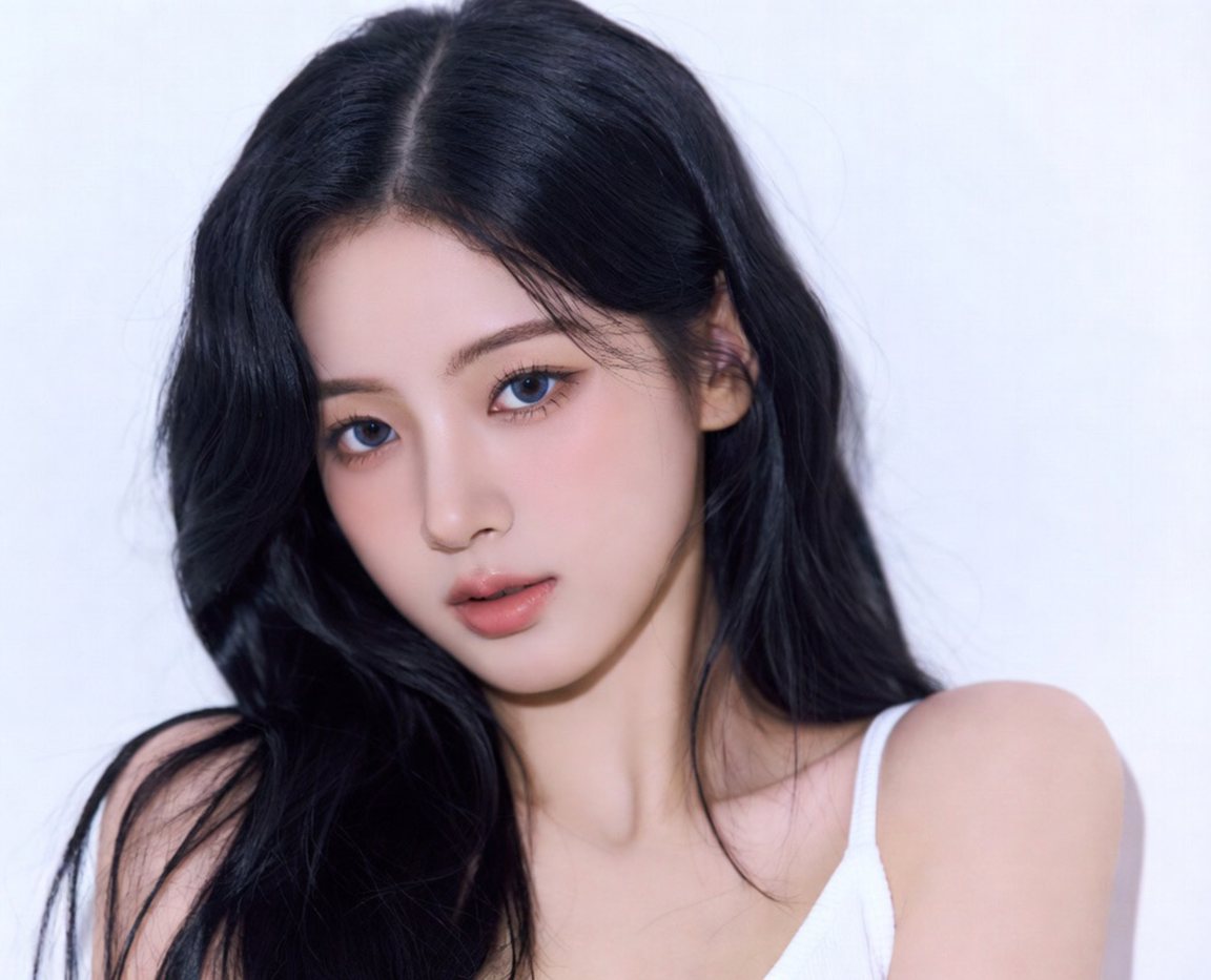 흰 민소매의 검은 웨이브 머리 모델(밝은 배경)