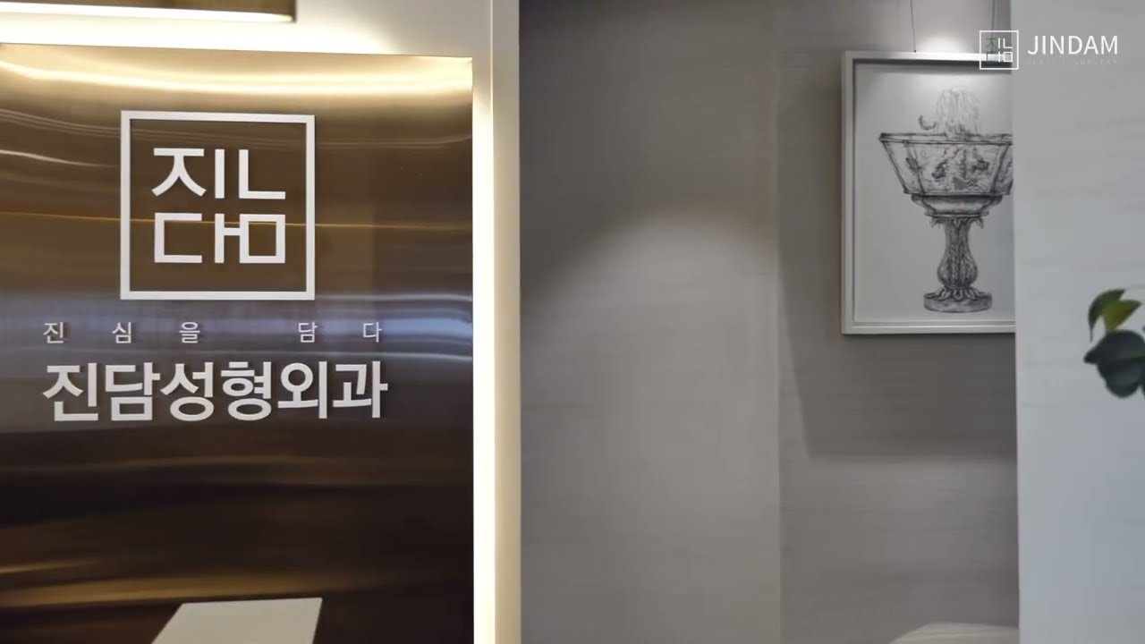 병원 공간 영상 첫 화면(벽면 진담성형외과 로고)